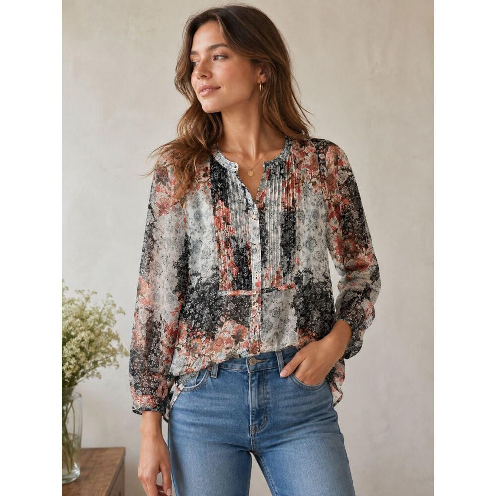 LOFT Sheer Floral Patchwork Pintuck Blouse in Coral and Navy Size Small